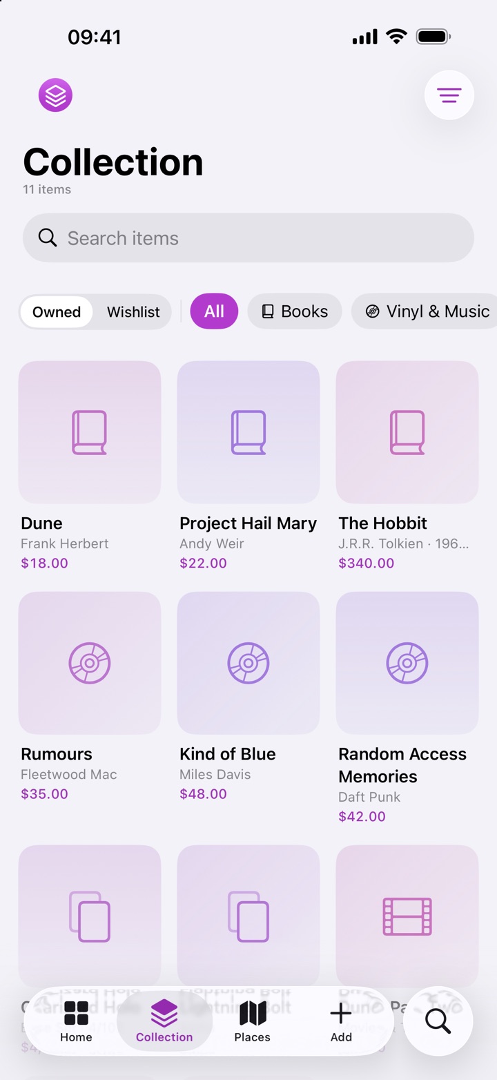 A collection shown as a grid of books and records, filtered by type.