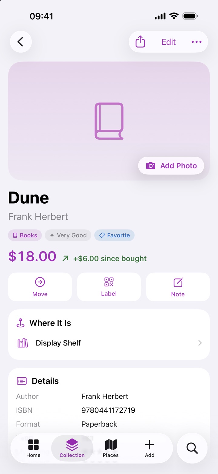 The detail page for Dune: its value, its condition, where it's kept and its details.