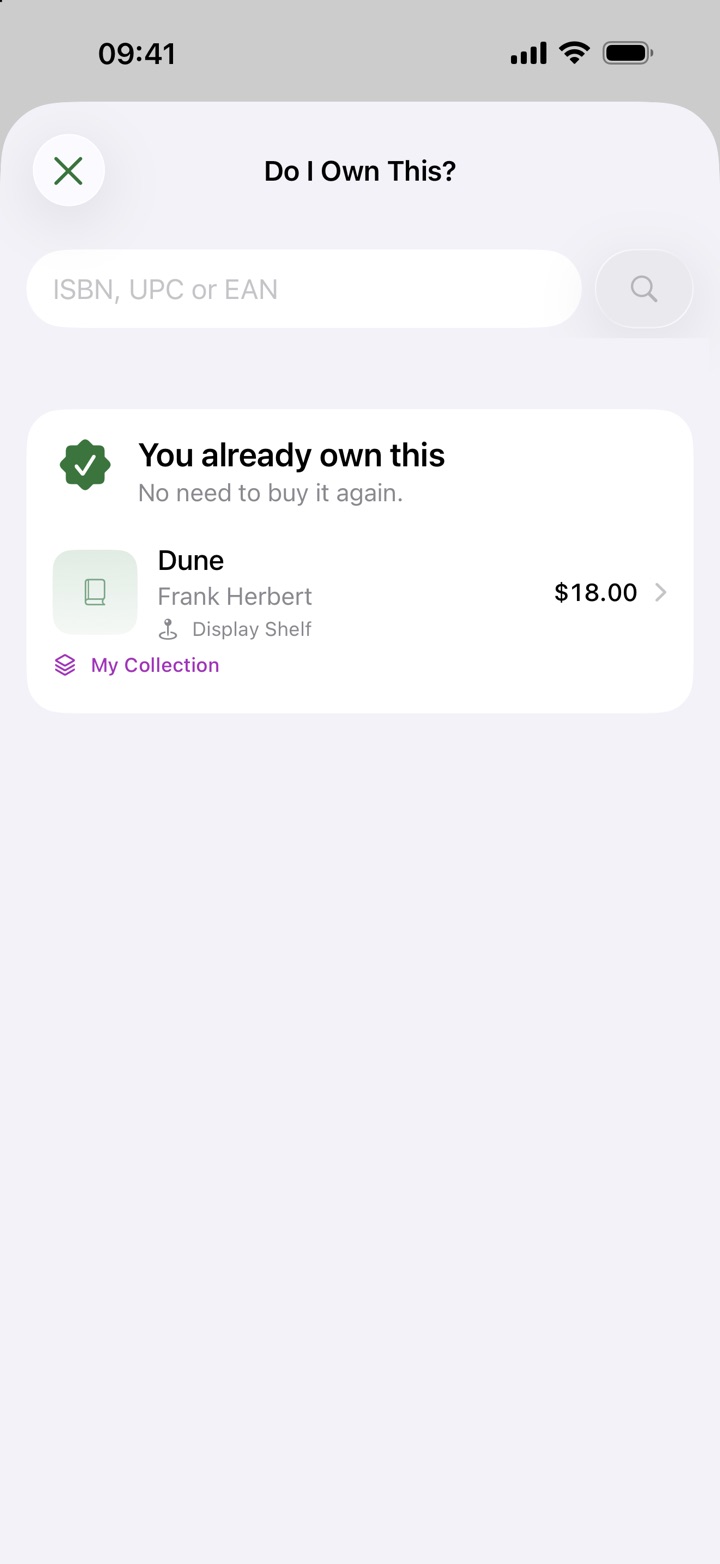 The Do I Own This? screen answering “You already own this” for a copy of Dune kept on the display shelf in the My Collection profile.