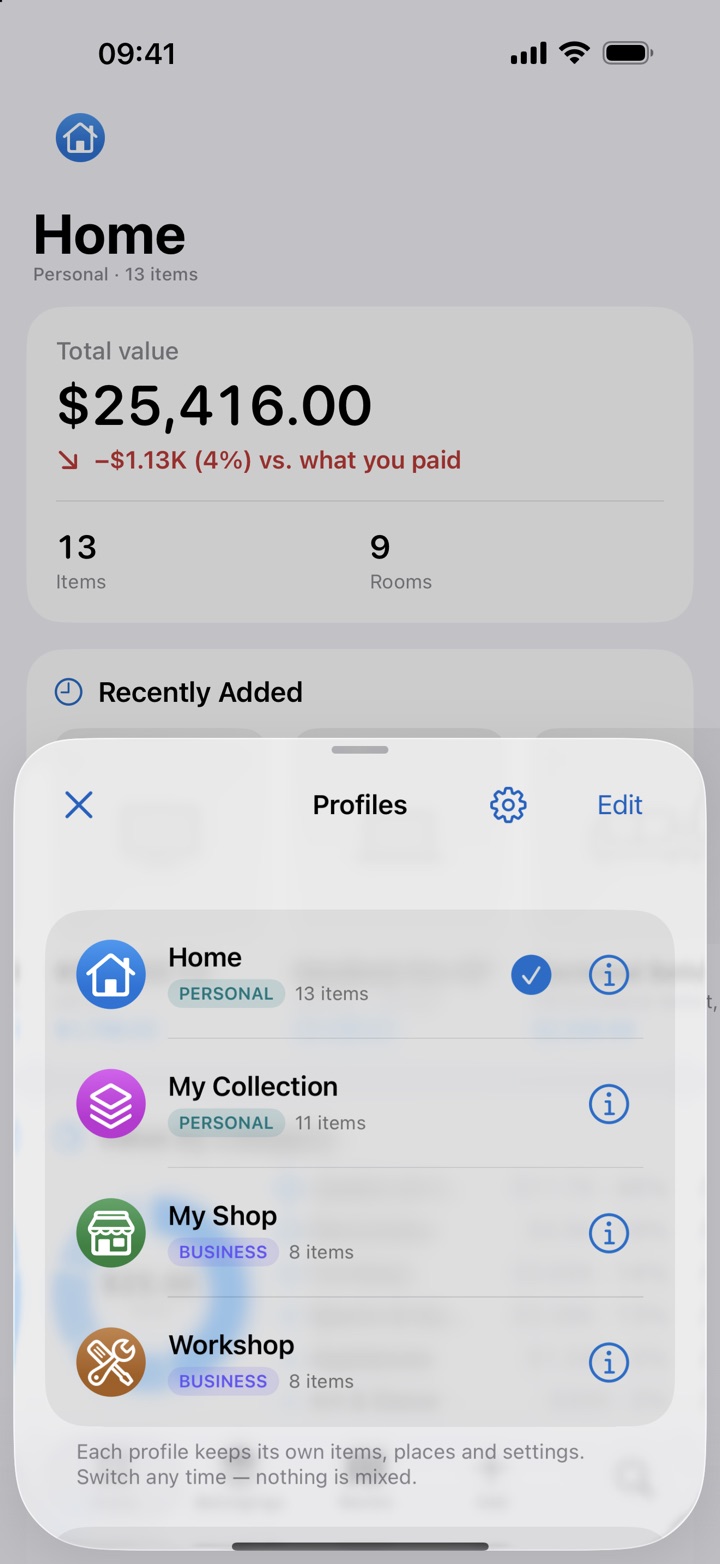 The profile switcher in Catanook, listing four profiles: Home, My Collection, My Shop and Workshop, each in its own colour.